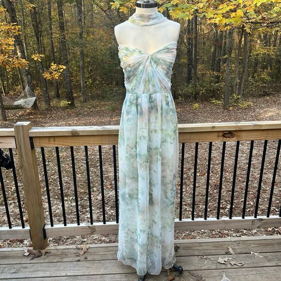 Jenny Yoo Chiffon Convertible Strapless Dress Garden Print Size 26 Green Ivory - Picture 2 of 11